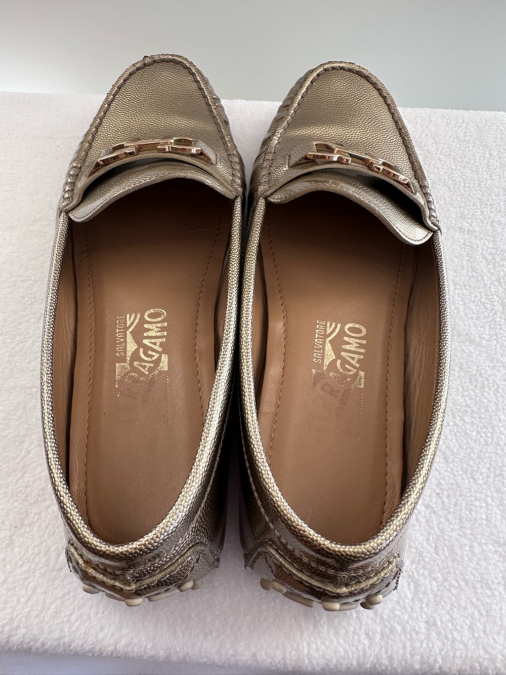 Salvatore Ferragamo Metallic Gold Gancini Leather Loafers - Picture 5 of 5